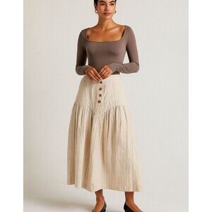 Vtg Anthropologie Beige Stripe Skirt US 6 Button Front Cottagecore Western Rodeo